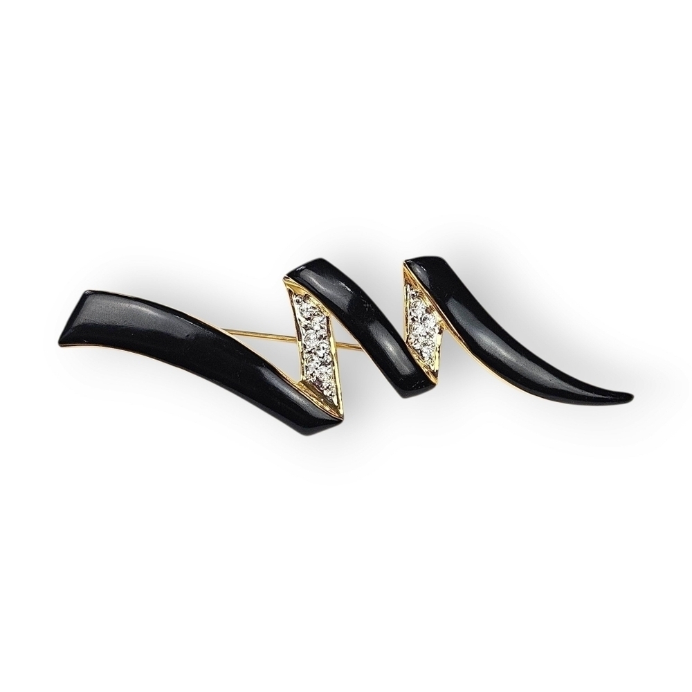 Vintage Zig Zag Brooch Lightning Bolt Shiny Black Enamel Rhinestone Gold Plated